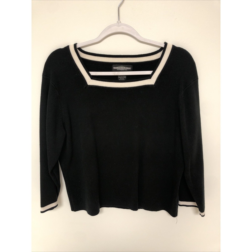 World Republic Womens Black/White Stripe Square Neck 3/4 Sleeve Sweater Sz XL